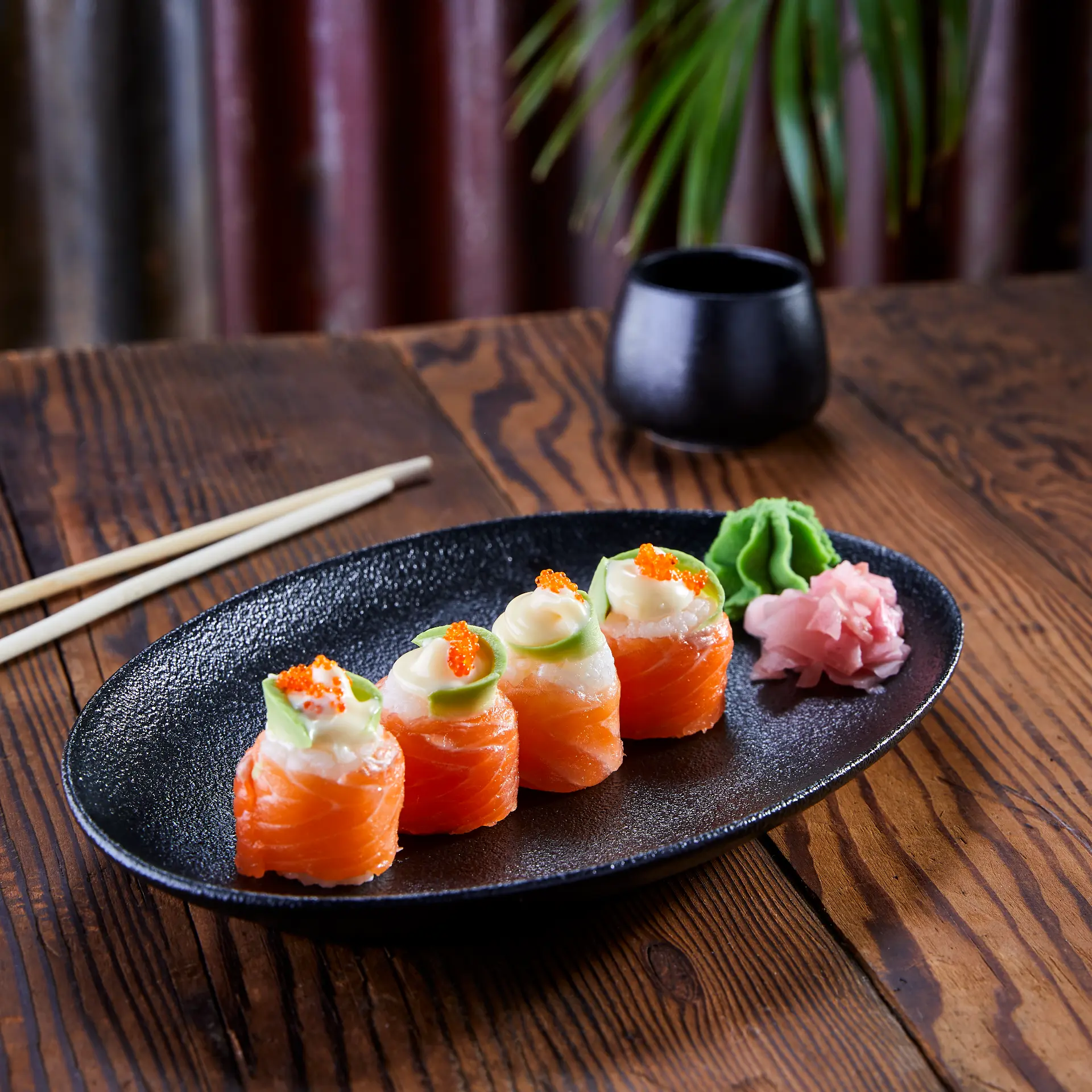 Salmon roses with avocado, cream cheese and roe at Jozi Gin